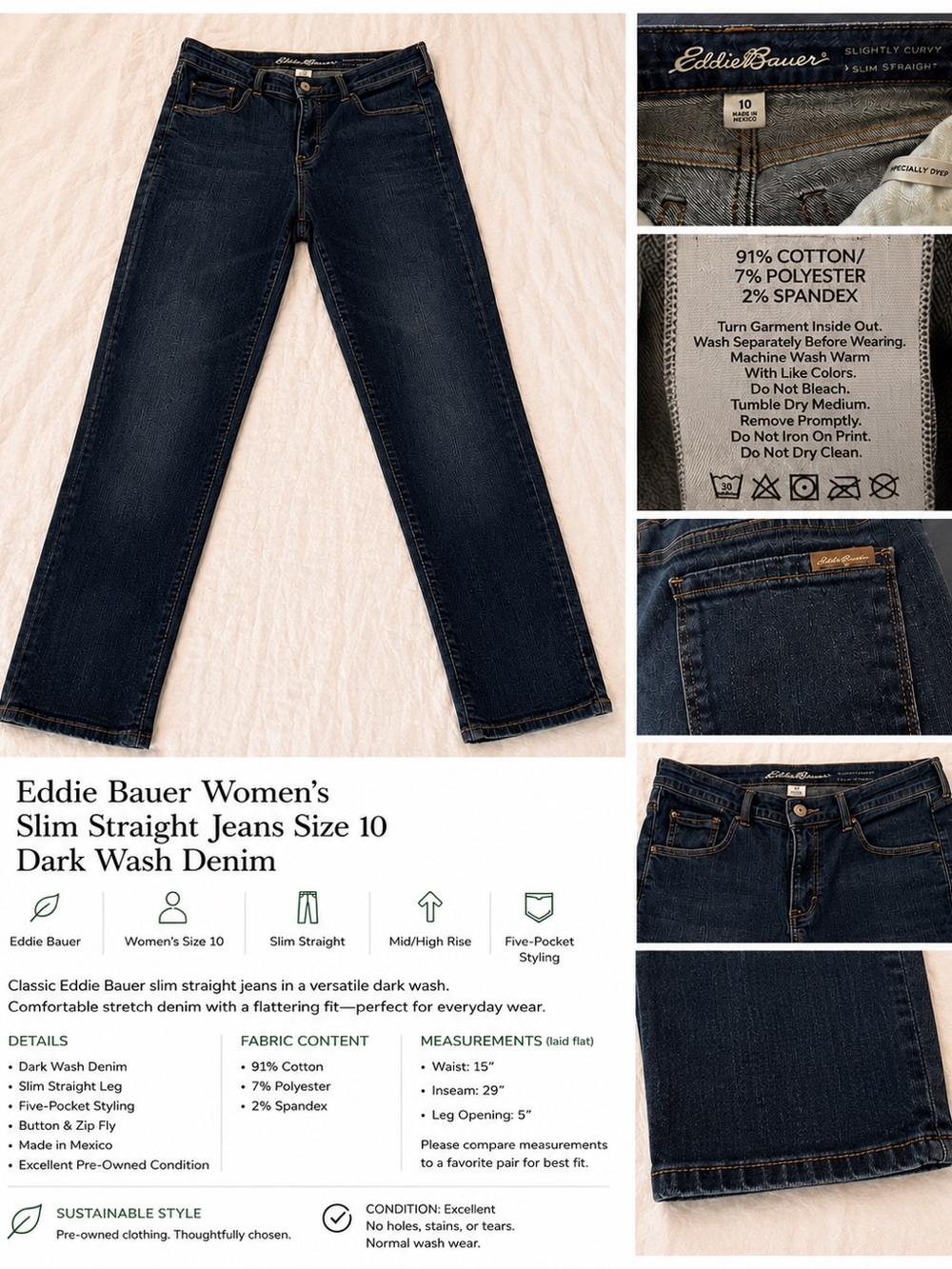Eddie Bauer Women’s Slim Straight Jeans Size 10 Dark Wash Stretch Denim